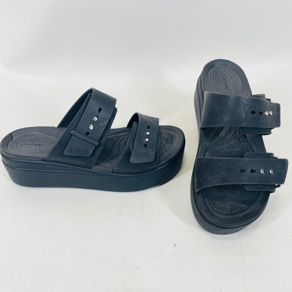 Crocs LiteRide Black Platform Sandals Women 6 Studded Double Strap Slide 207431